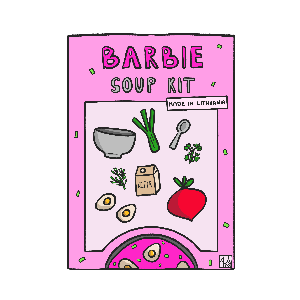 Barbie Soup Kit packaging with pink background and food illustrations on a white background