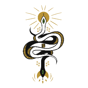 Decorative snake design with gold accents on a white background