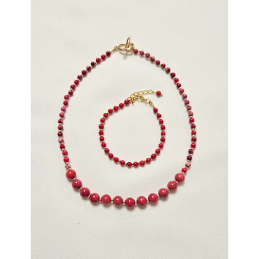 MSharm Jasper and Coral Stone Necklace and Bracelet Set