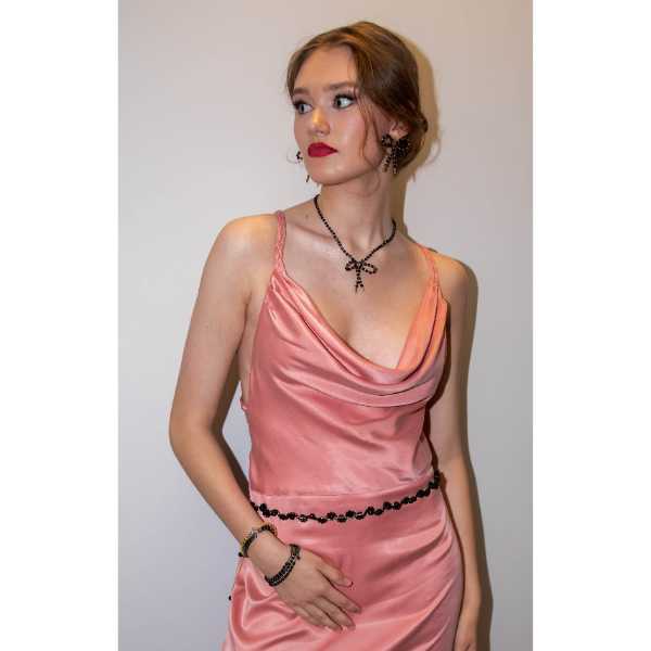 MSharm Onyx and Tourmaline Stone Necklace Small Bow