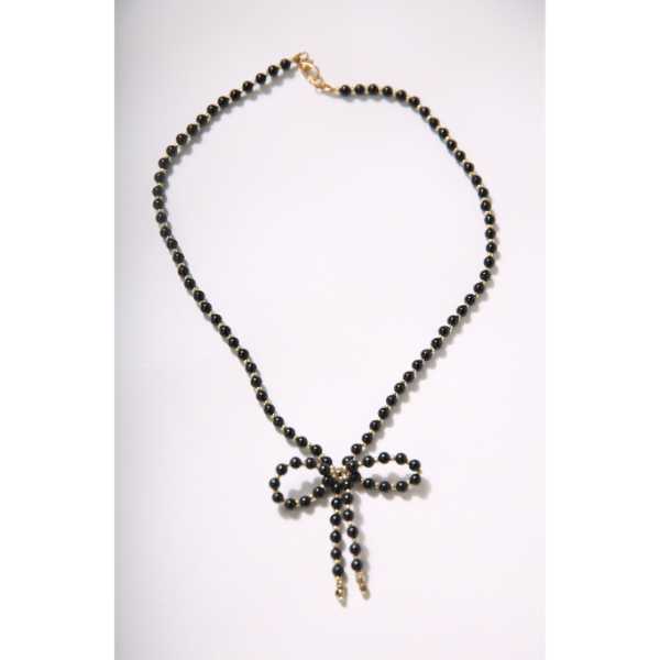 MSharm Onyx and Tourmaline Stone Necklace Small Bow